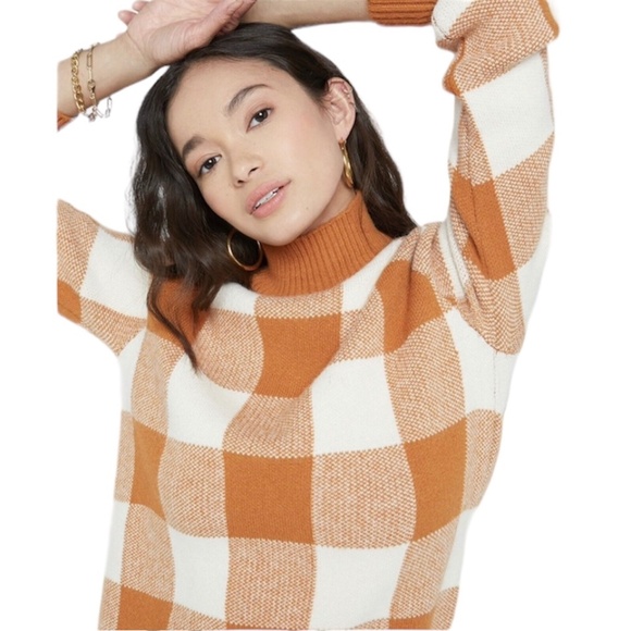 New Callahan Gingham Plaid Knit Mock Neck Sweater Orange Ivory Size Medium - Picture 1 of 13